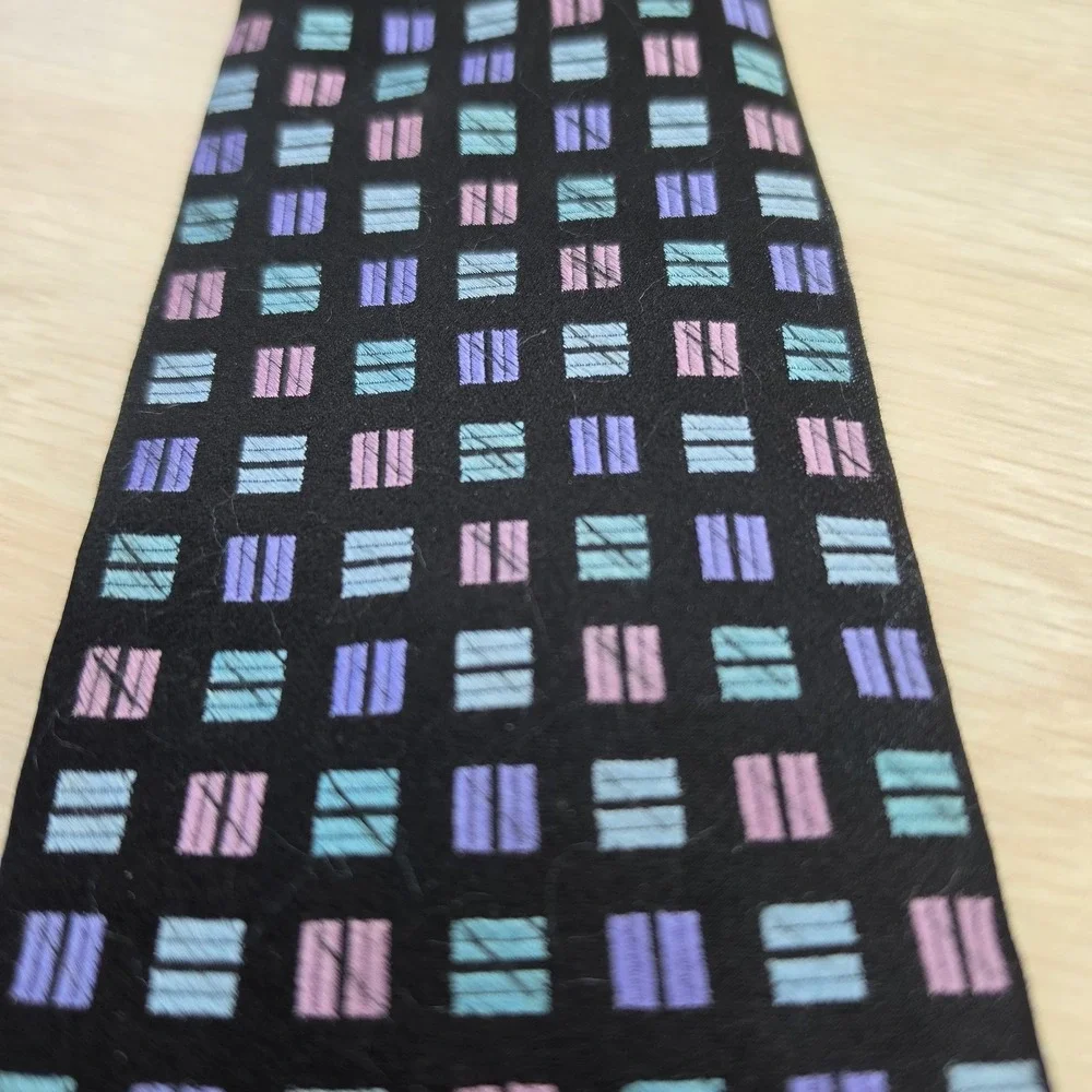 Robert Talbott‎ Mens Necktie Black Geometric Square Pattern Pastel Silk Tie Neat
